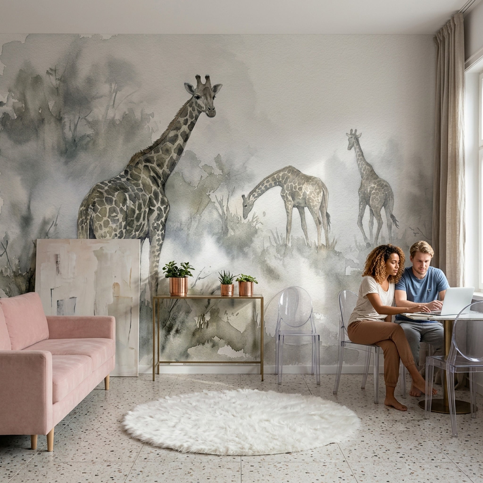 Suluboya Zürafalı Poster Duvar Kağıdı Gri Safari Desenli
