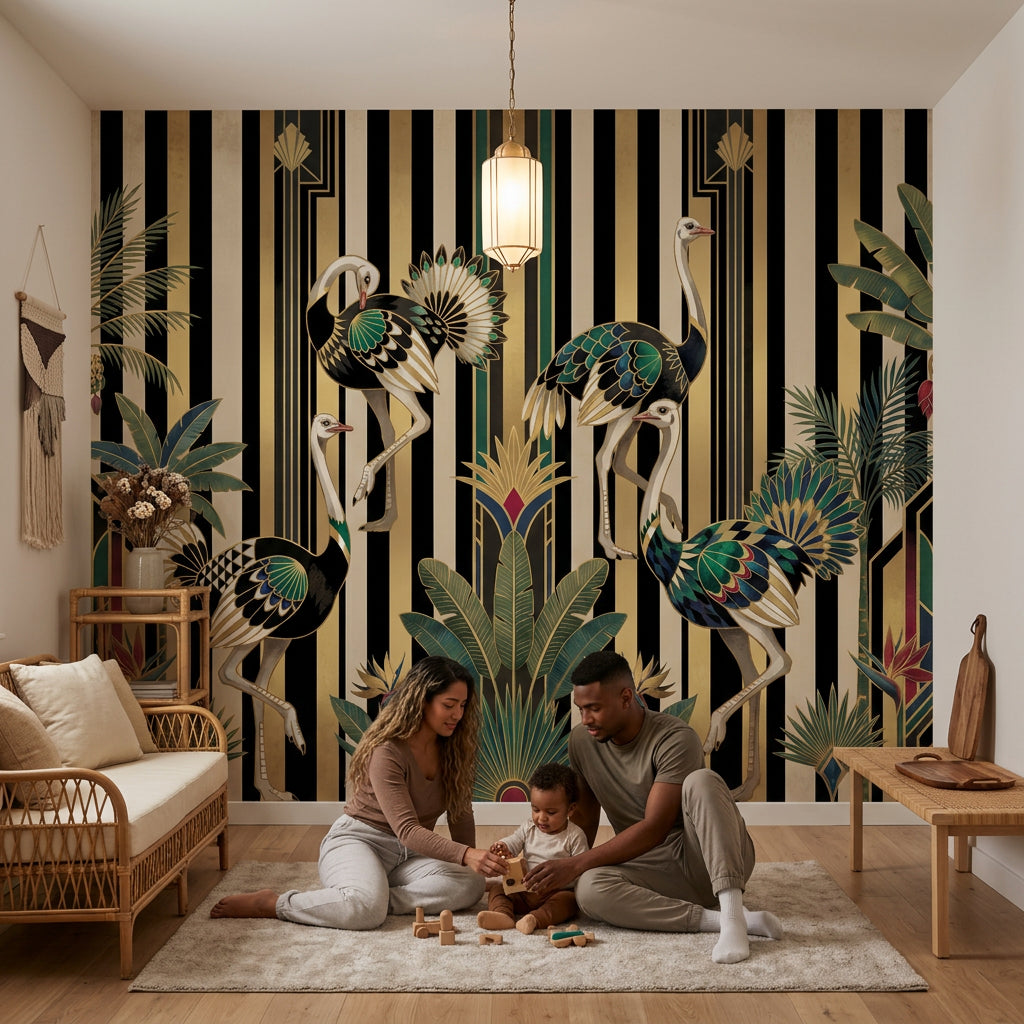 Art Deco Devekuşlu Poster Duvar Kağıdı Siyah Altın Salon