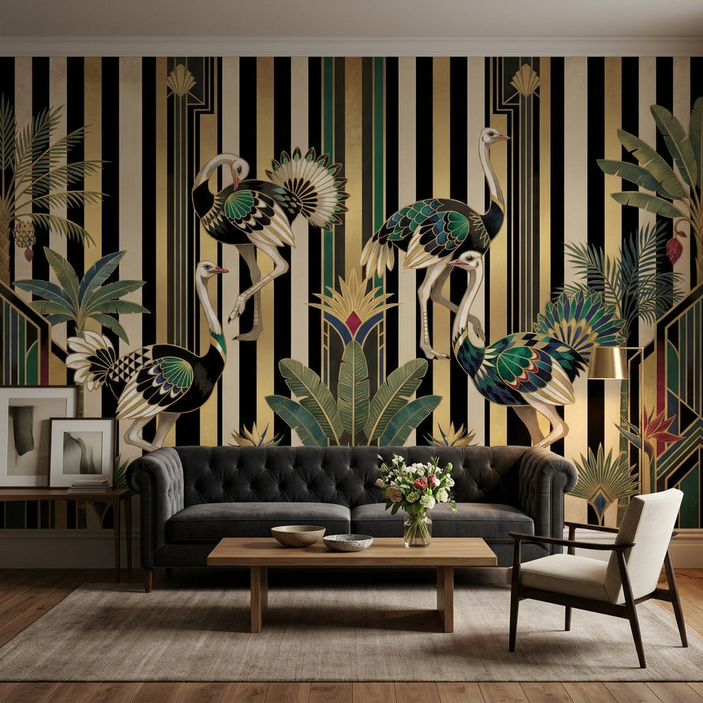 Art Deco Devekuşlu Poster Duvar Kağıdı Siyah Altın Salon