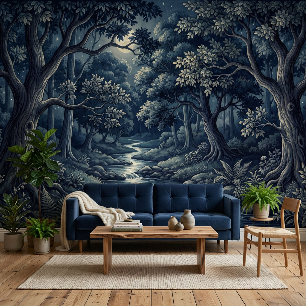 Ay Işıklı Orman Manzarası Poster Duvar Kağıdı Lacivert Salon
