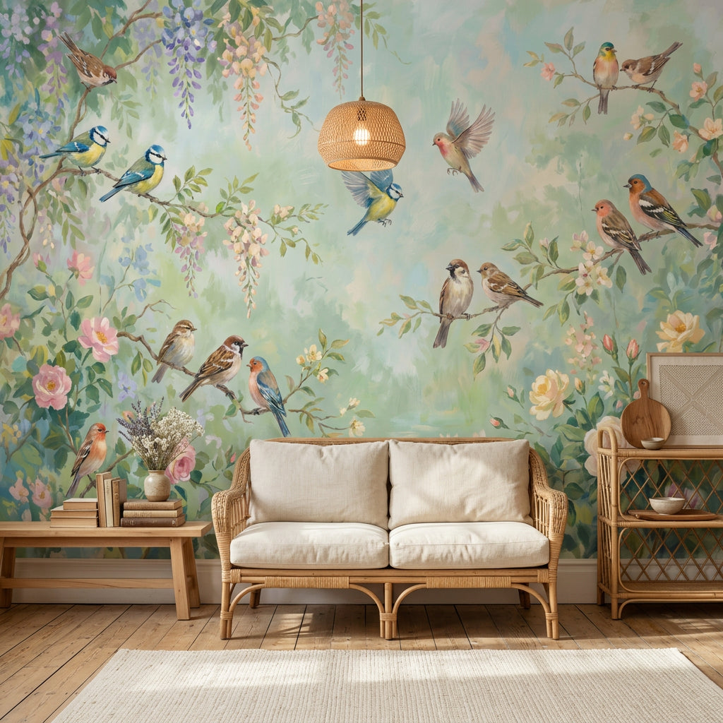 Kuş ve Çiçekli Poster Duvar Kağıdı Pastel Yeşil Salon