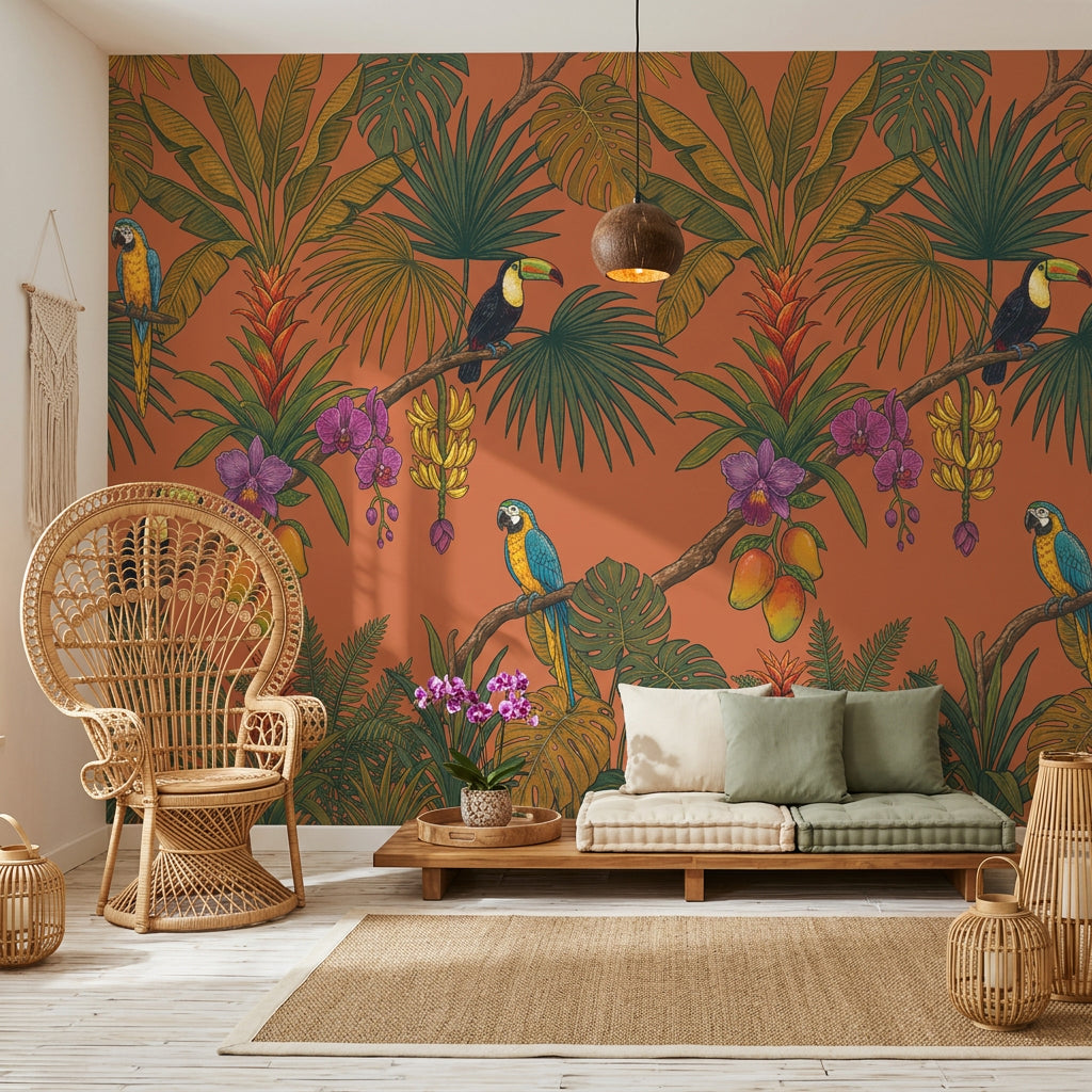 Tropikal Kuş ve Yapraklı Poster Duvar Kağıdı Terracotta Salon