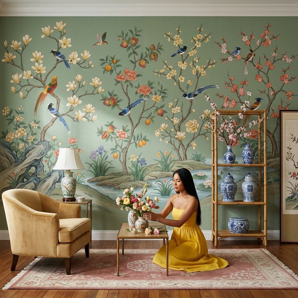 Kuşlu Çiçekli Poster Duvar Kağıdı Yeşil Chinoiserie Salon