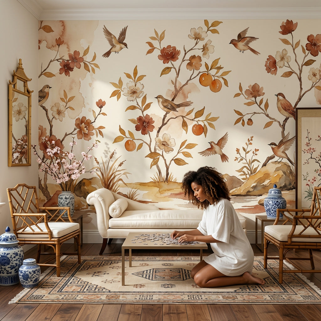 Kuşlu Çiçekli Poster Duvar Kağıdı Bej Kahverengi Salon