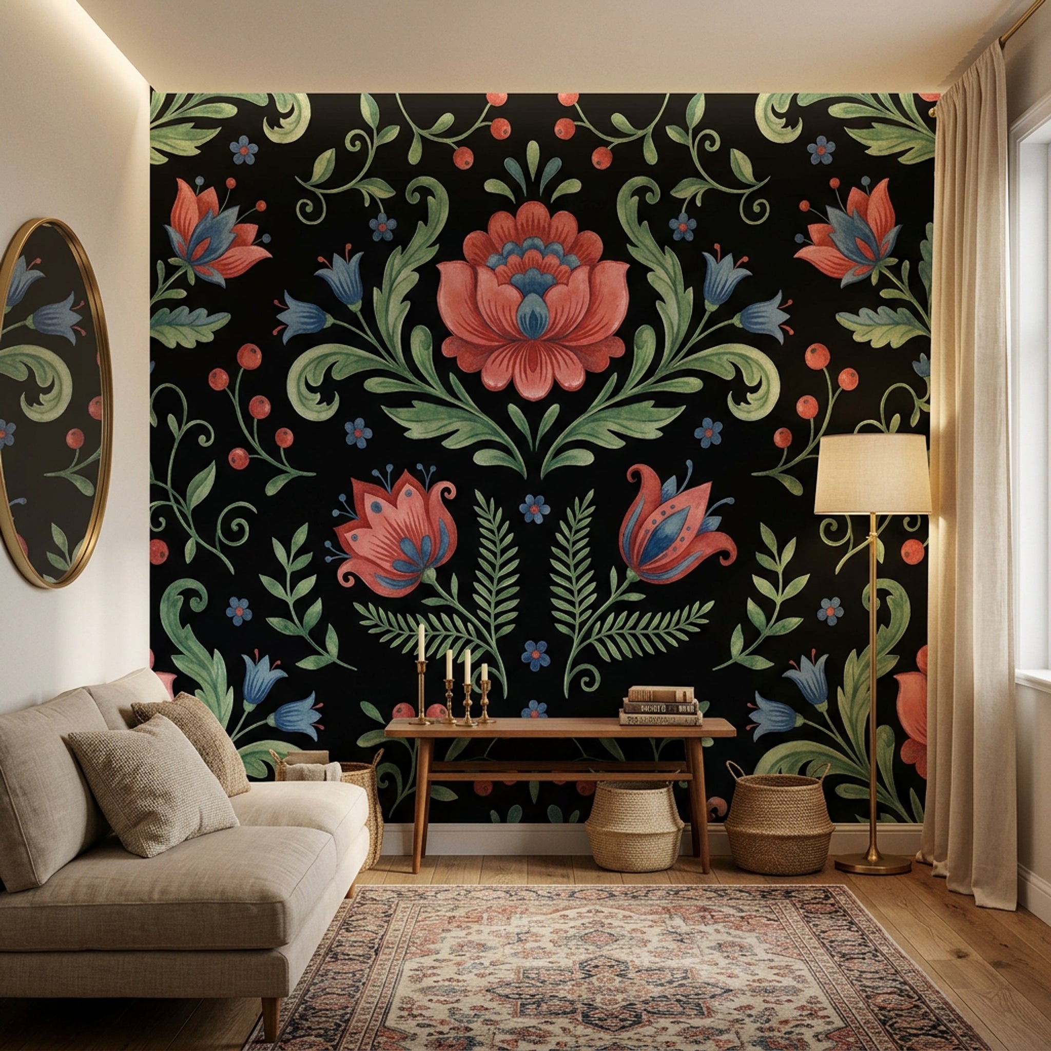 Folk Çiçek Desenli Poster Duvar Kağıdı Siyah Zemin Salon