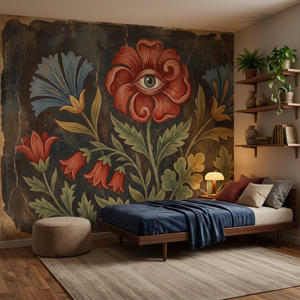 Nazar Gözlü Çiçek Desenli Poster Duvar Kağıdı Vintage Salon
