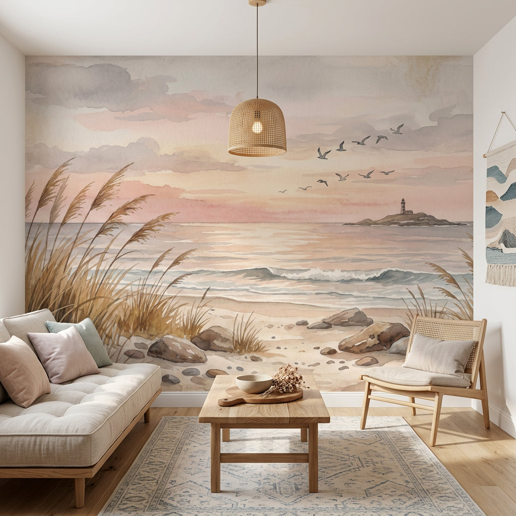 Suluboya Sahil Manzaralı Poster Duvar Kağıdı Pastel Gün Batımı
