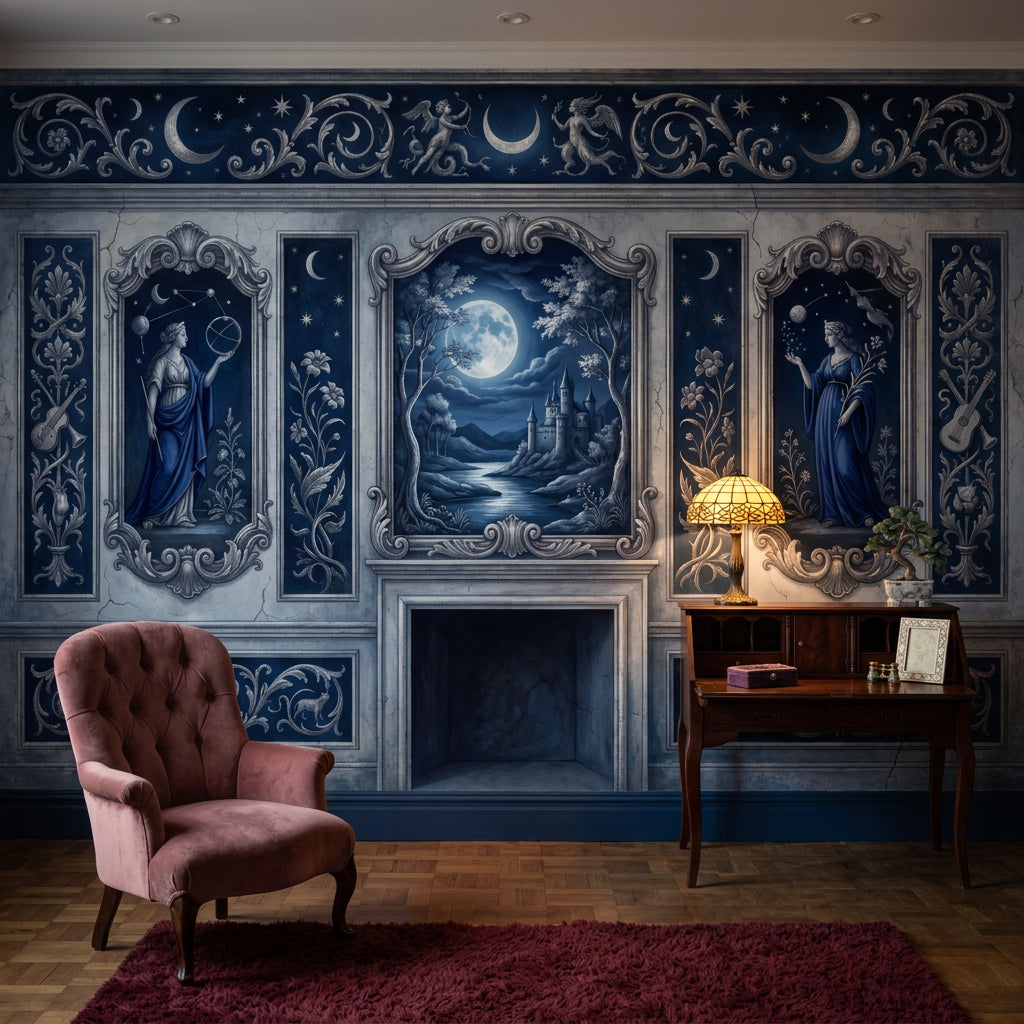 Ay ve Kale Manzaralı Poster Duvar Kağıdı Lacivert Klasik Salon