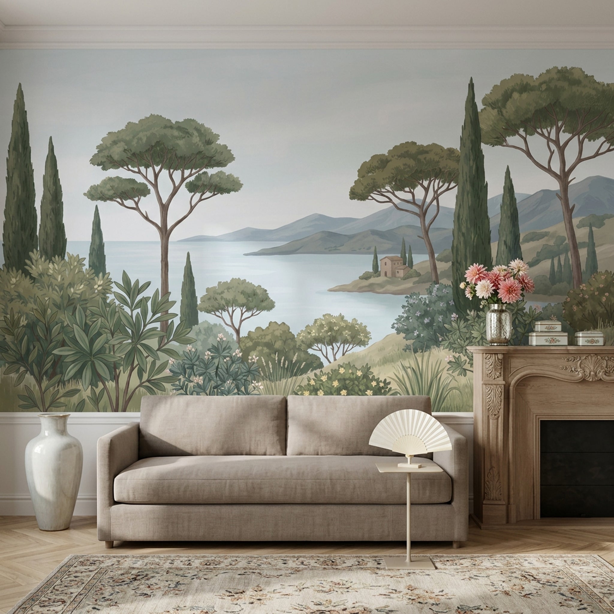 Akdeniz Manzaralı Poster Duvar Kağıdı Yeşil Tonlu Salon