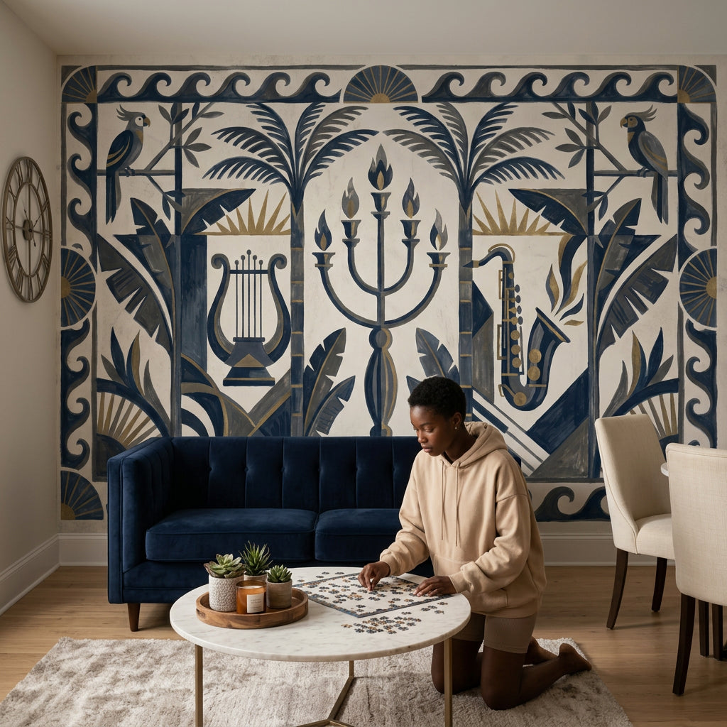 Art Deco Müzik Temalı Poster Duvar Kağıdı Lacivert Bej Salon