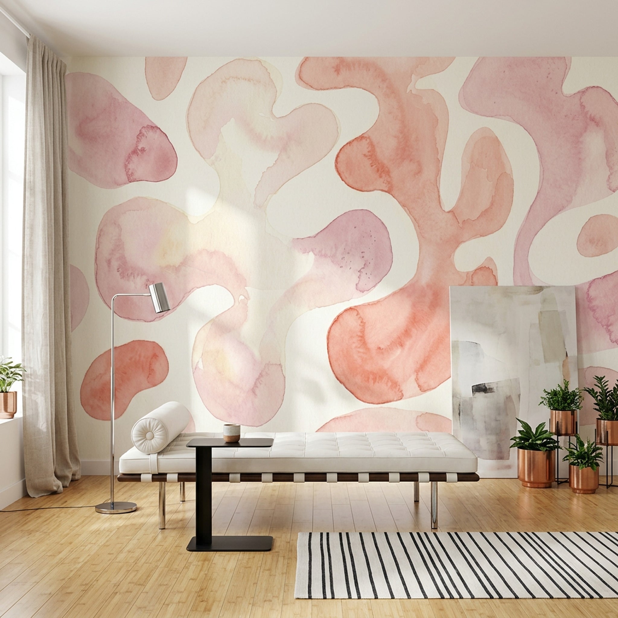 Sulu Boya Soyut Poster Duvar Kağıdı Pudra Pembe Salon
