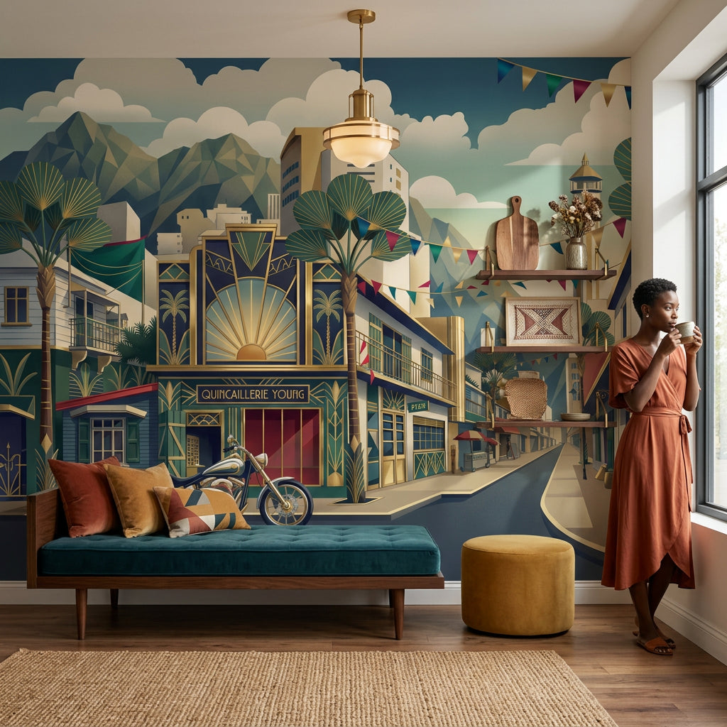 Art Deco Şehir Manzaralı Poster Duvar Kağıdı Lacivert Altın Salon