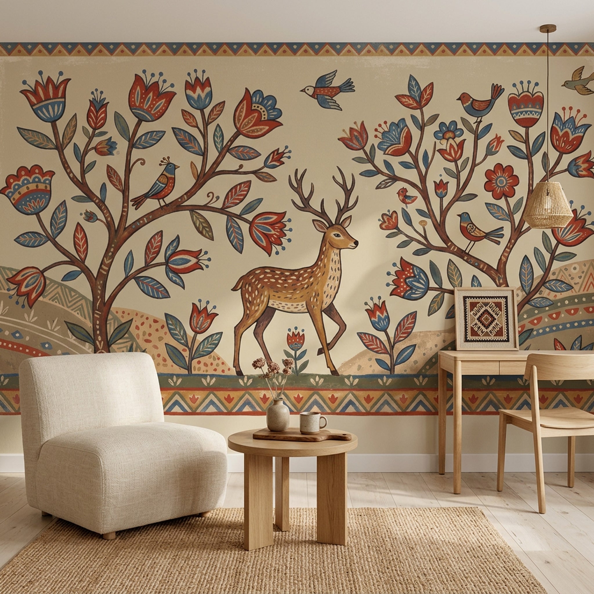 Geyik ve Kuşlu Poster Duvar Kağıdı Etnik Desenli Bej