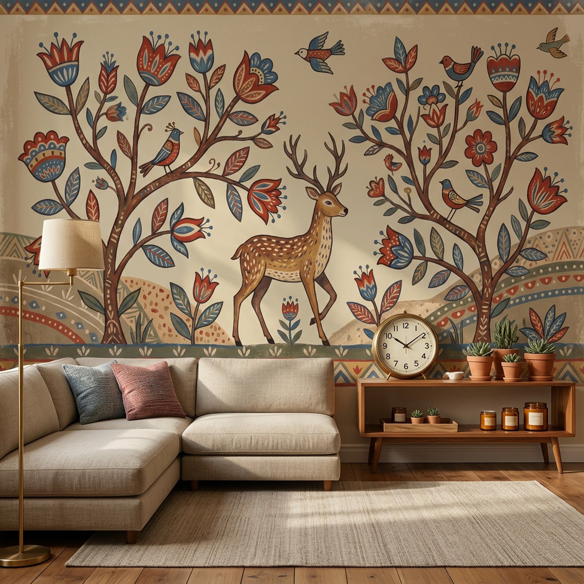Geyik ve Kuşlu Poster Duvar Kağıdı Etnik Desenli Bej