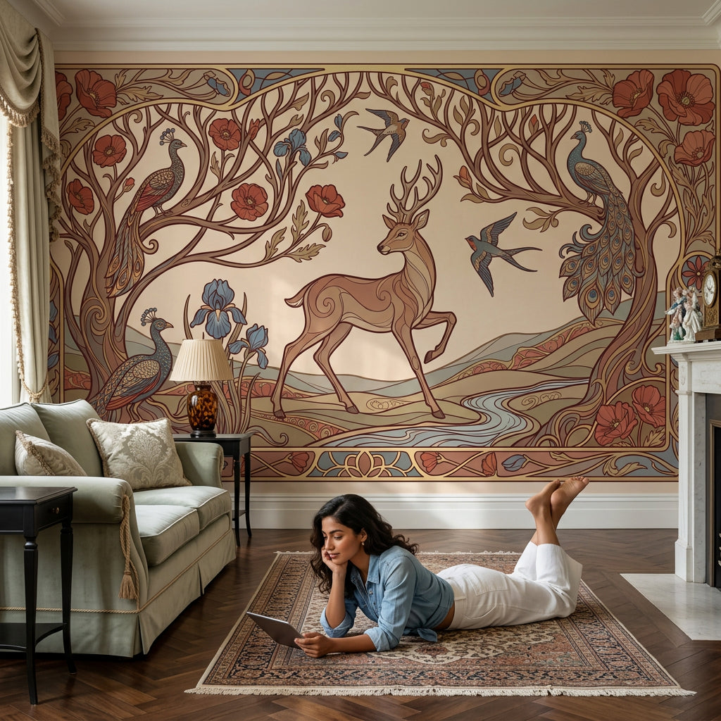 Art Nouveau Geyik ve Tavuskuşu Poster Duvar Kağıdı Salon