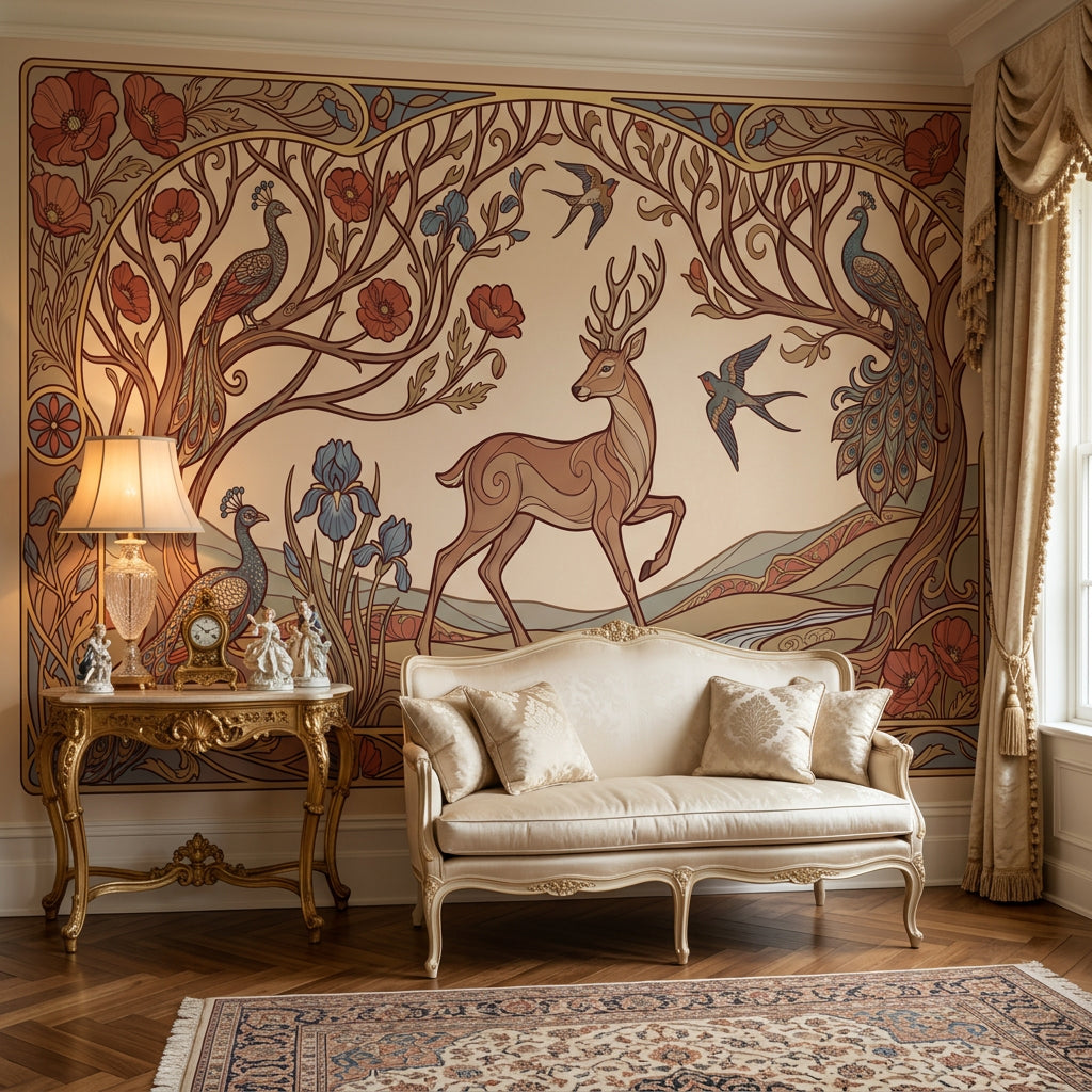 Art Nouveau Geyik ve Tavuskuşu Poster Duvar Kağıdı Salon