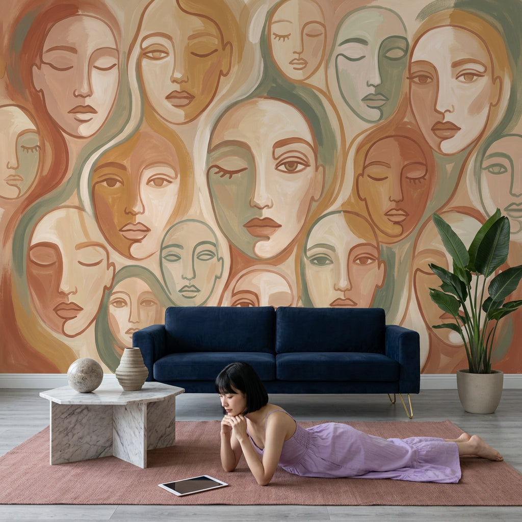Soyut Yüzler Poster Duvar Kağıdı Bej Yeşil Salon Dekoru