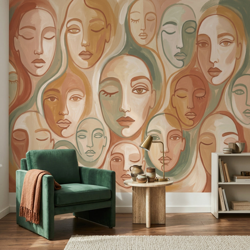 Soyut Yüzler Poster Duvar Kağıdı Bej Yeşil Salon Dekoru