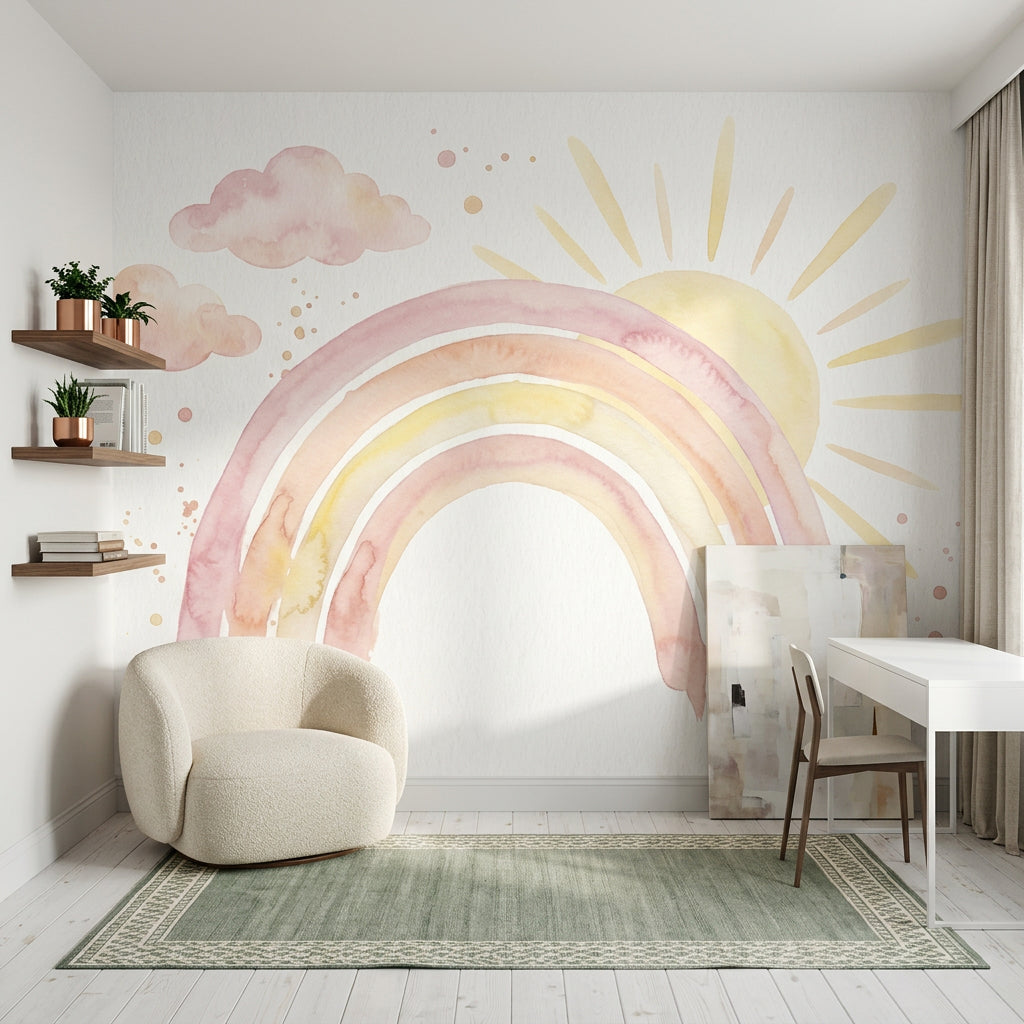 Pastel Gökkuşaklı Poster Duvar Kağıdı Bulut ve Güneş Desenli