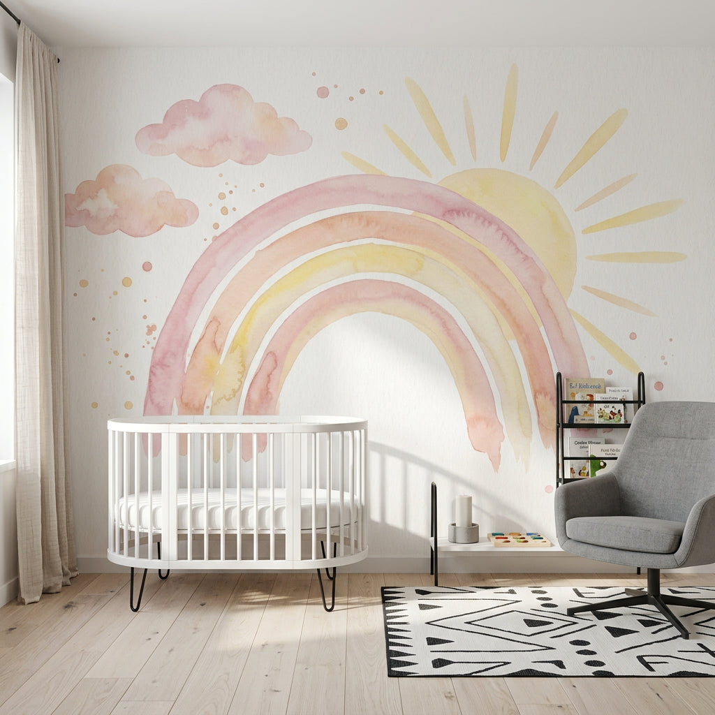 Pastel Gökkuşaklı Poster Duvar Kağıdı Bulut ve Güneş Desenli