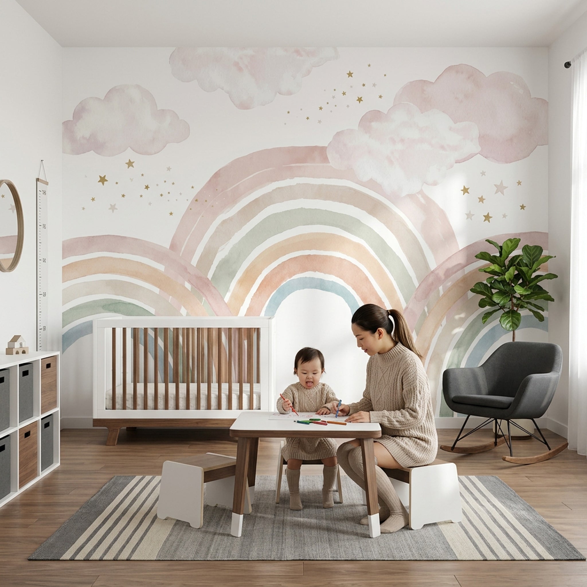 Pastel Gökkuşağı ve Bulutlu Poster Duvar Kağıdı Çocuk Odası