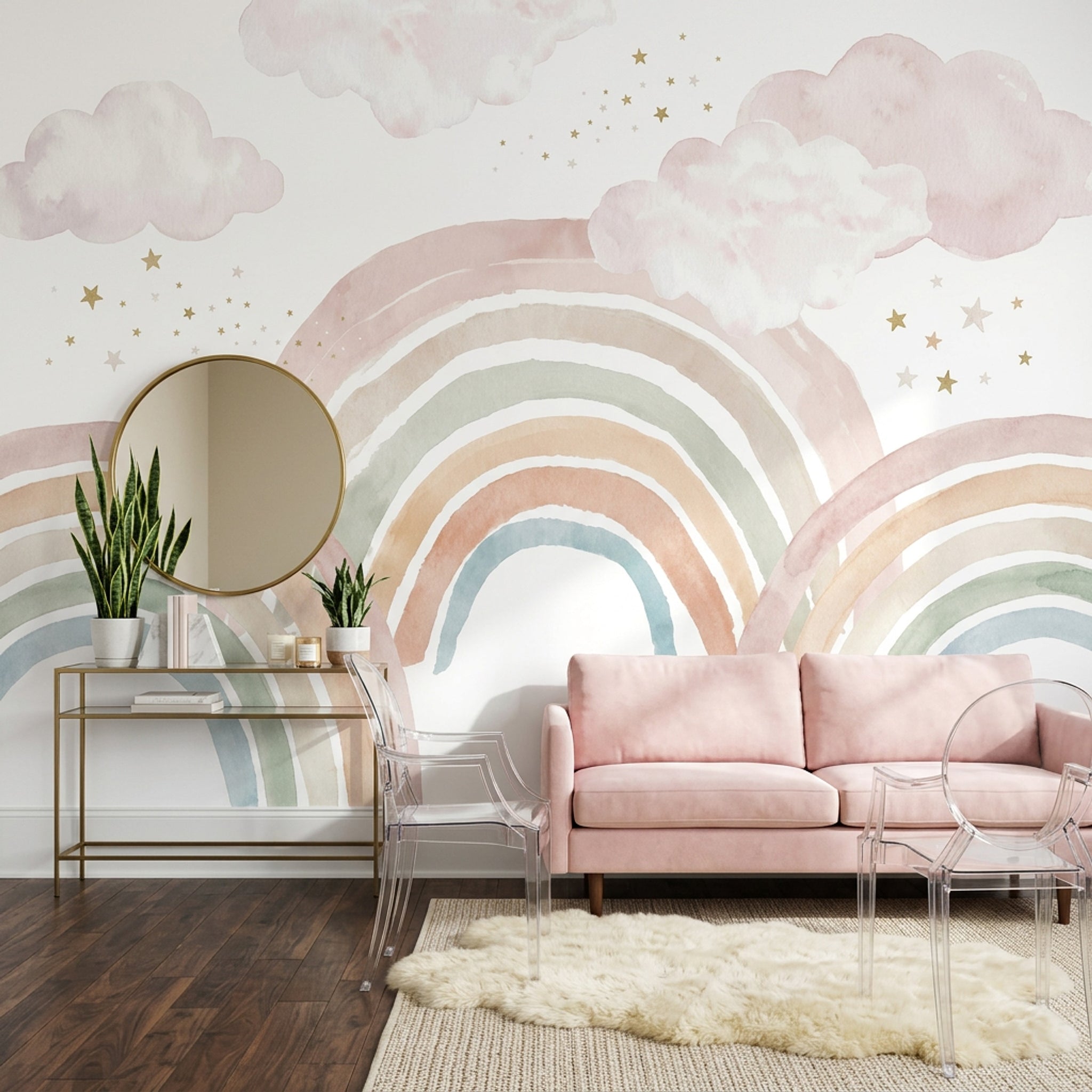 Pastel Gökkuşağı ve Bulutlu Poster Duvar Kağıdı Çocuk Odası