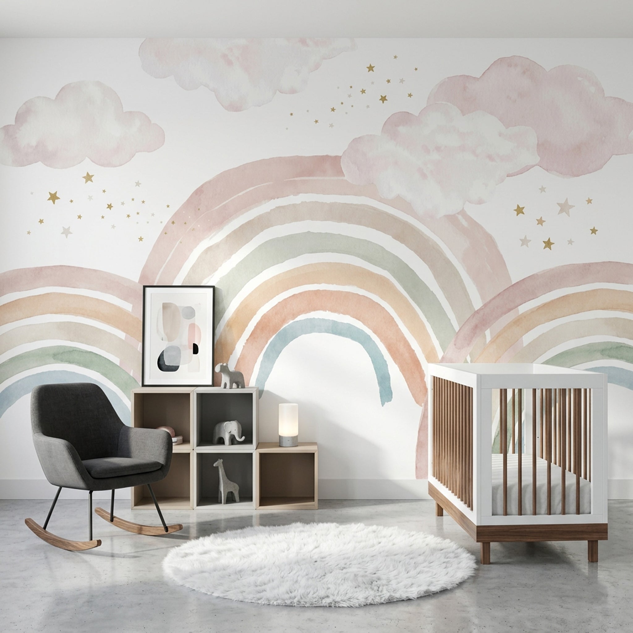Pastel Gökkuşağı ve Bulutlu Poster Duvar Kağıdı Çocuk Odası