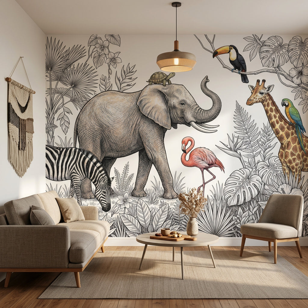 Safari Hayvanlı Poster Duvar Kağıdı Çocuk Odası Çizim Desenli