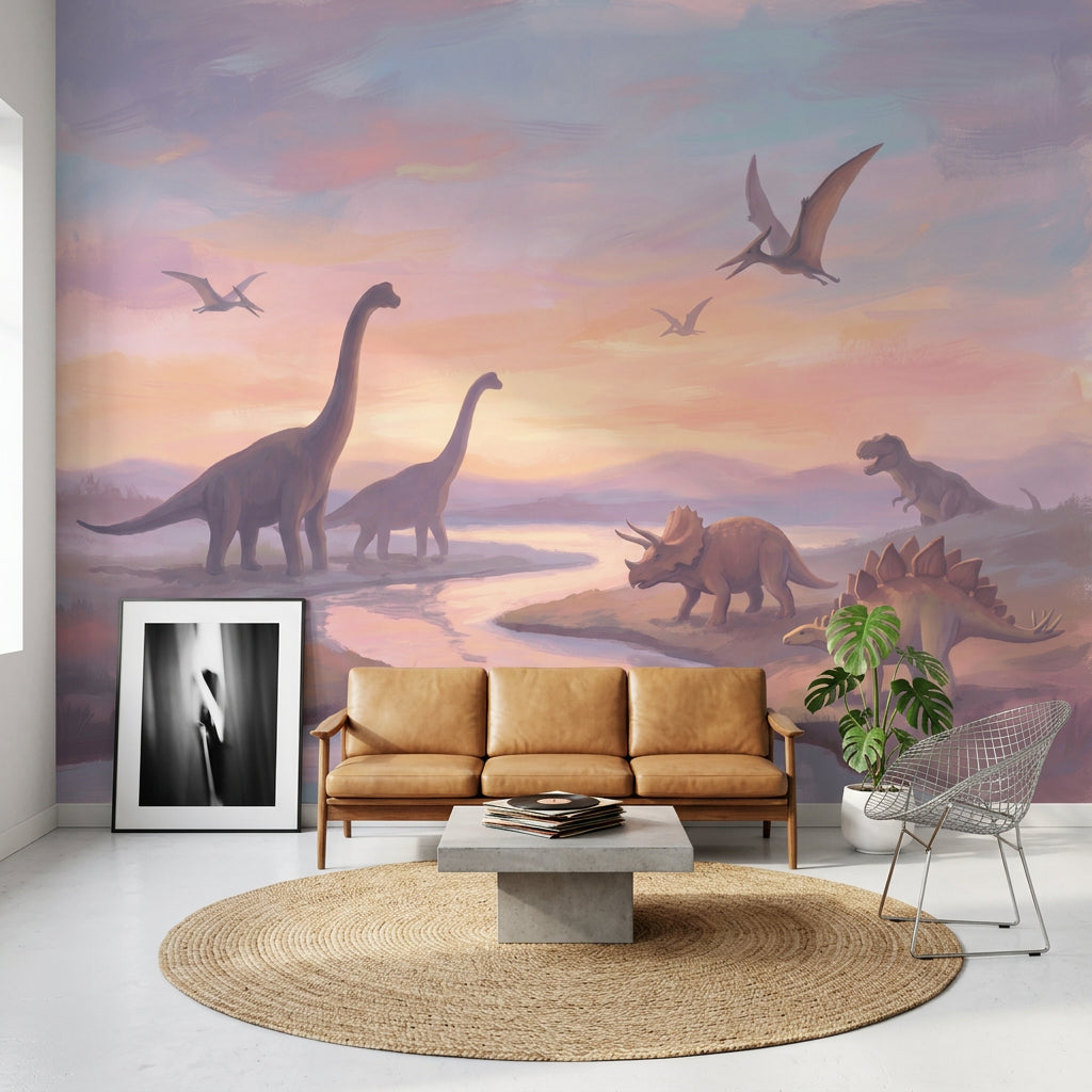 Gün Batımı Dinozor İllüstrasyonlu Poster Duvar Kağıdı Çocuk Odası