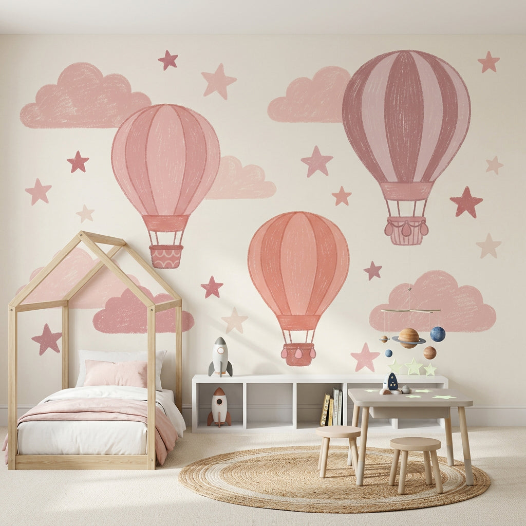 Pembe Sıcak Hava Balonlu Poster Duvar Kağıdı Çocuk Odası