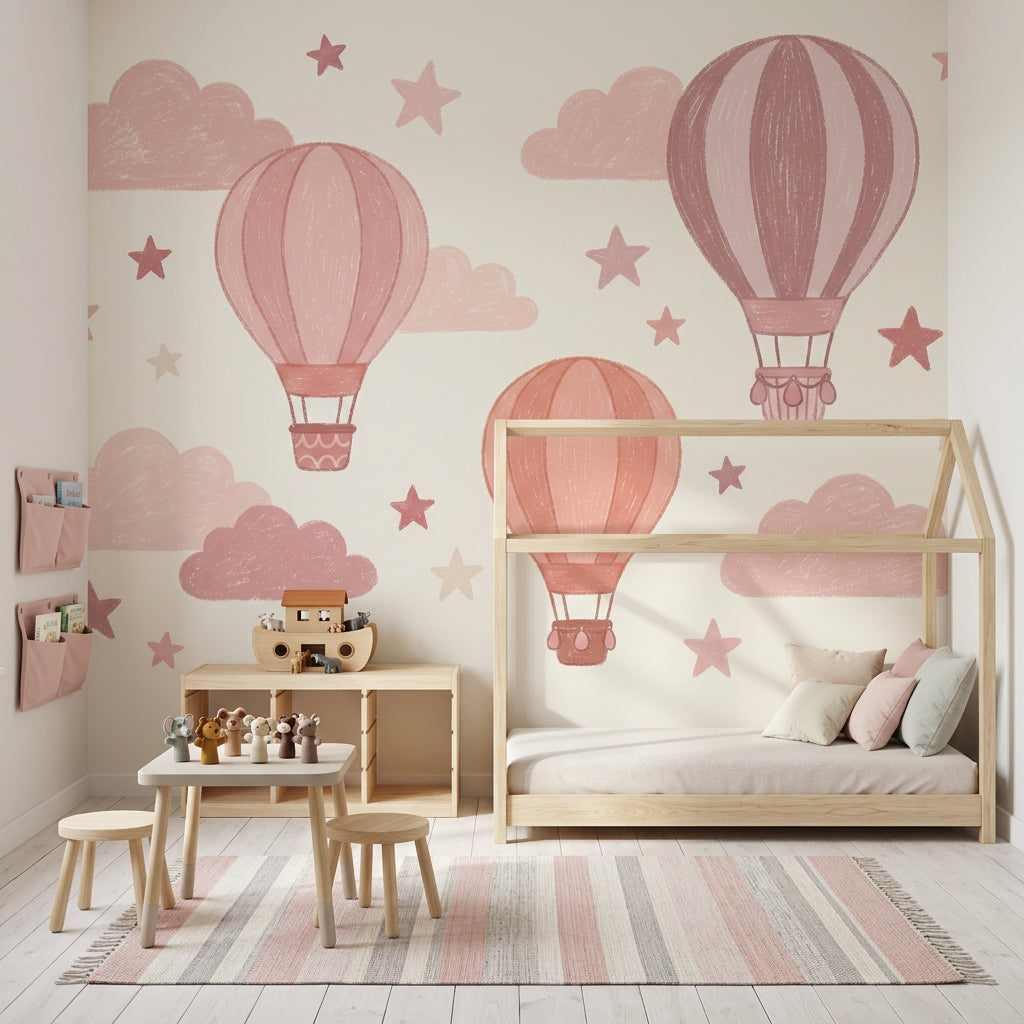 Pembe Sıcak Hava Balonlu Poster Duvar Kağıdı Çocuk Odası