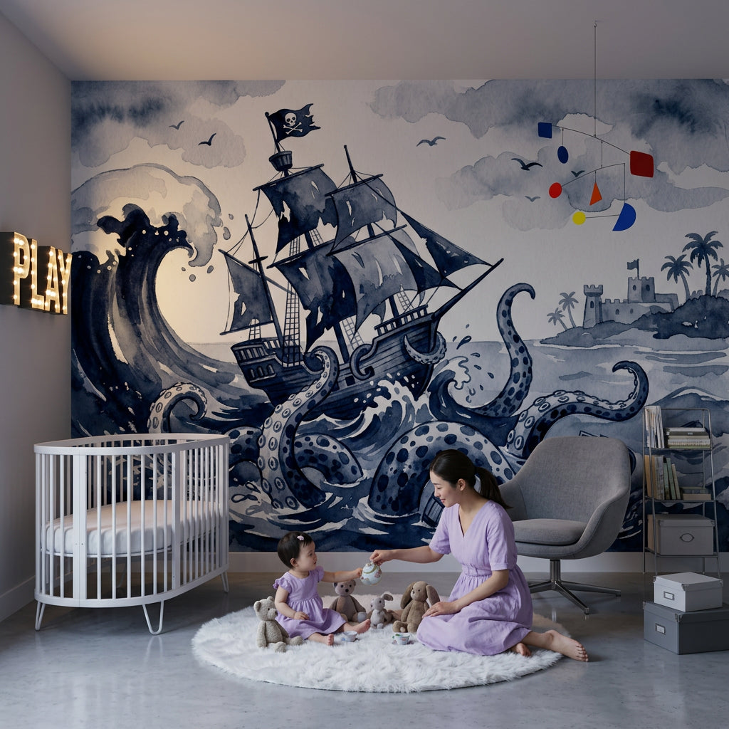 Korsan Gemili Poster Duvar Kağıdı Lacivert Çocuk Odası Deniz Teması