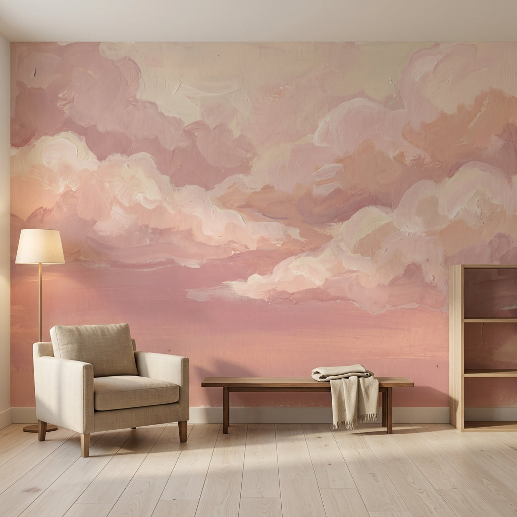 Pastel Bulutlu Poster Duvar Kağıdı Pudra Pembe Bebek Odası