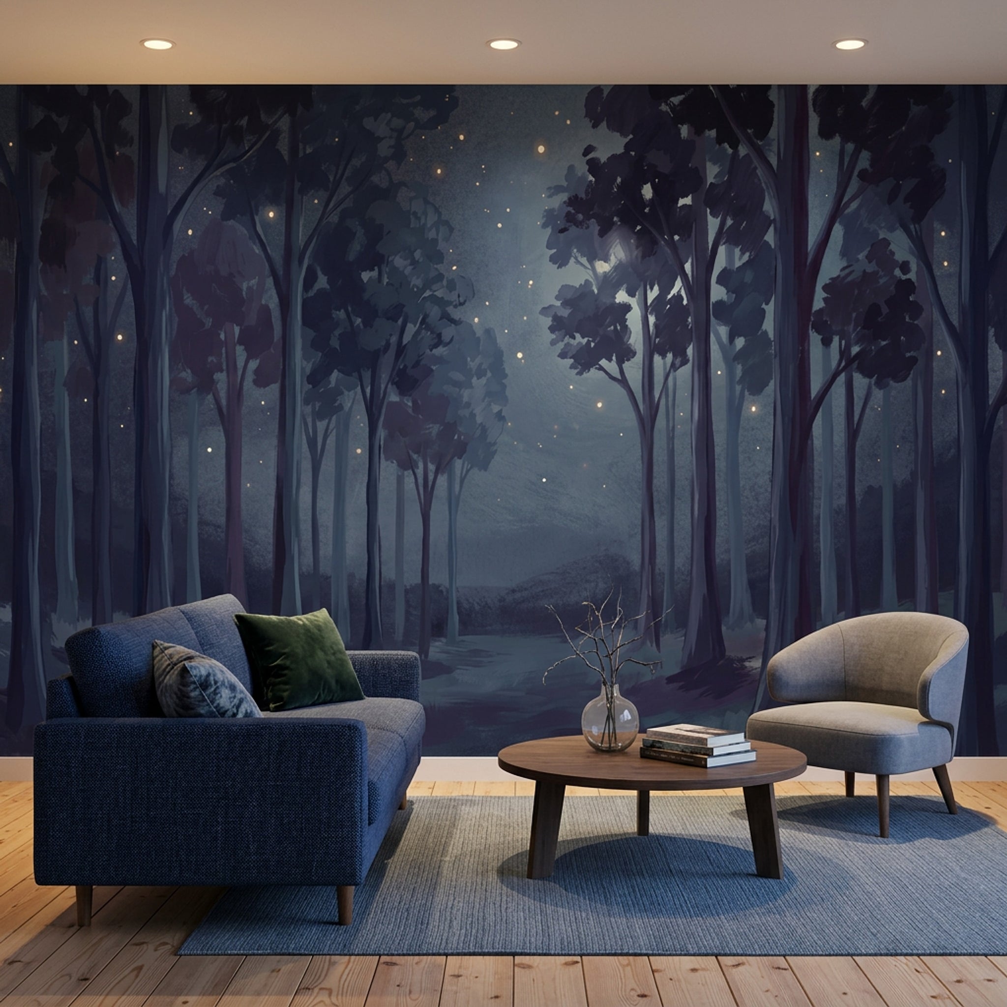 Gece Ormanı Poster Duvar Kağıdı Lacivert Minimal Salon