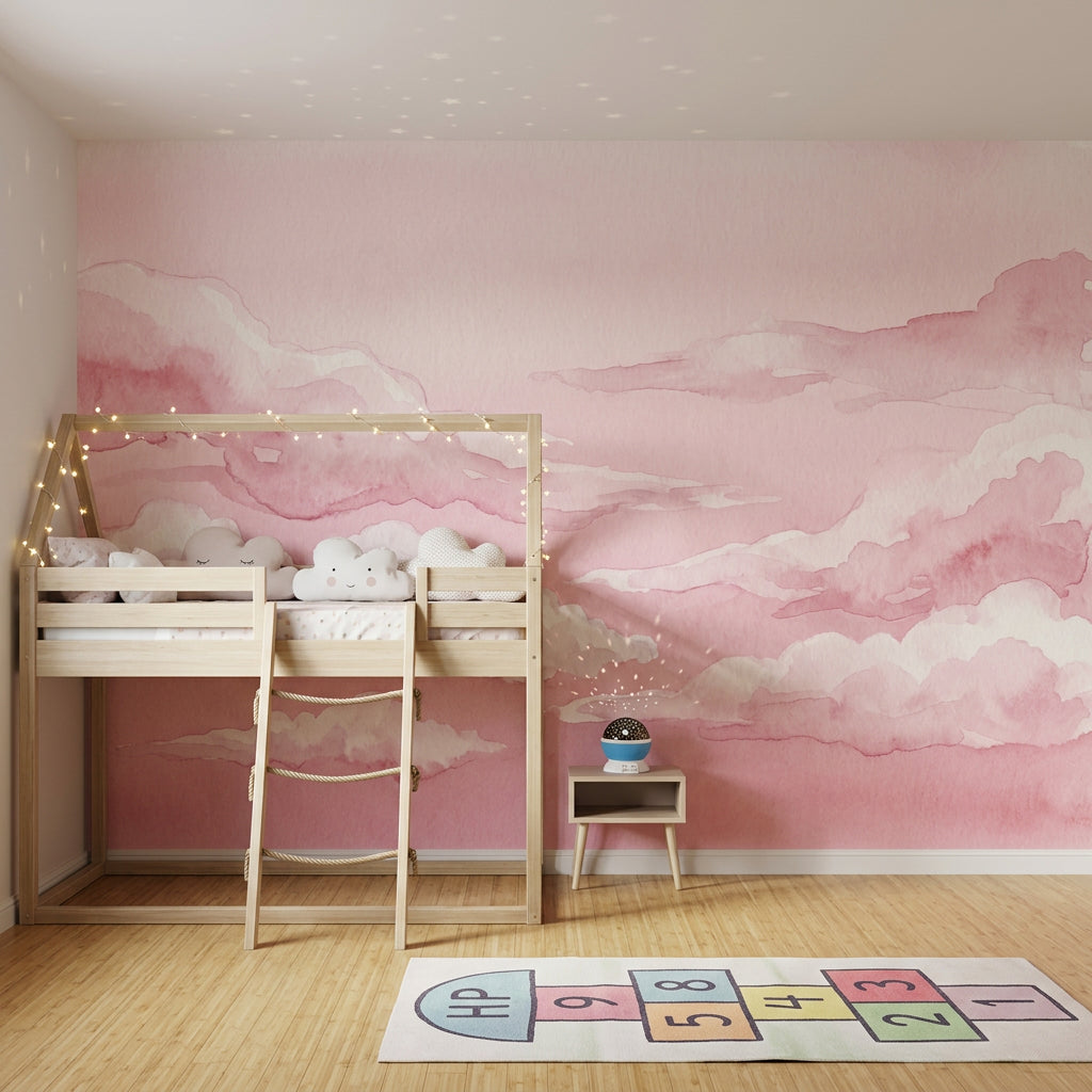 Pembe Sulu Boya Bulut Poster Duvar Kağıdı Çocuk Odası