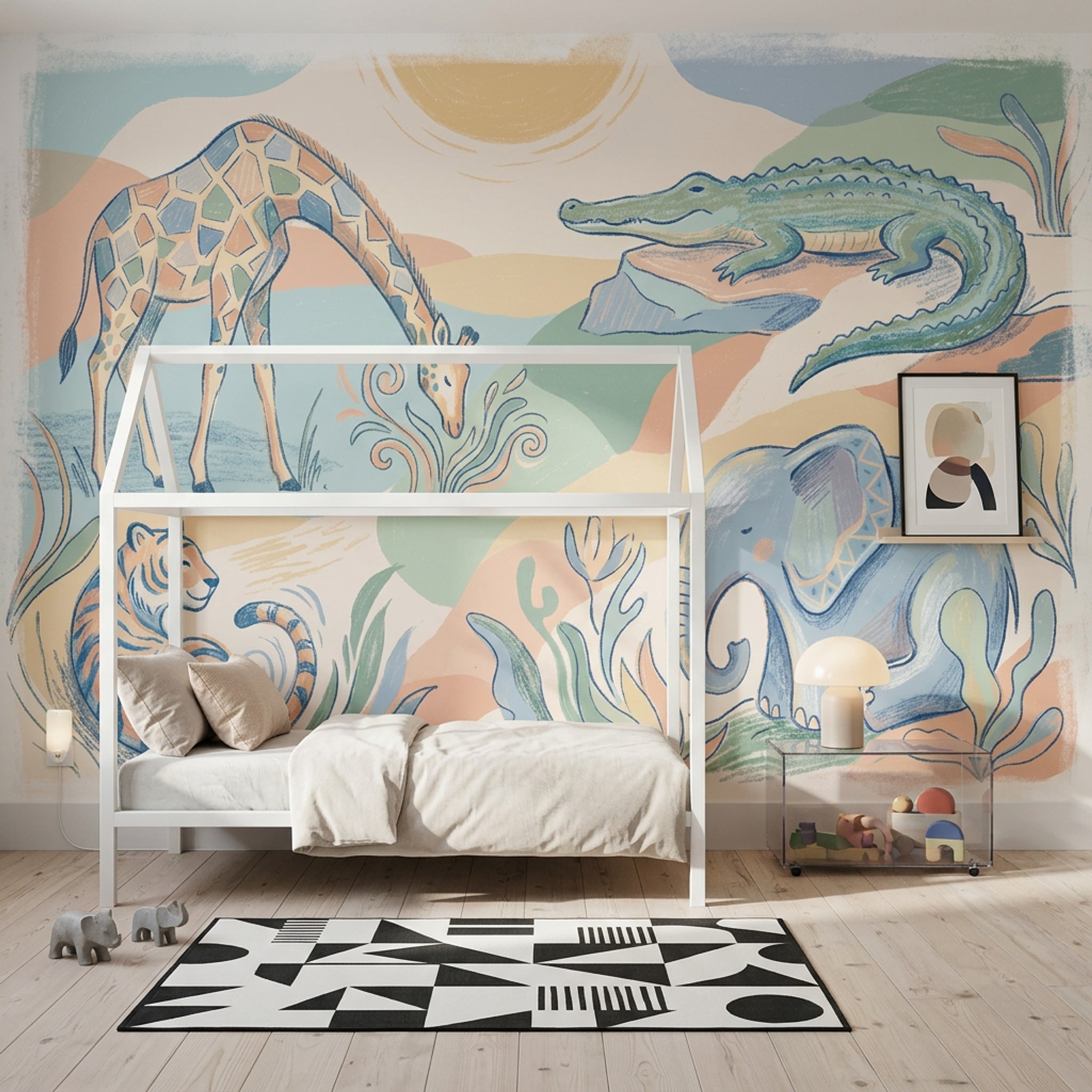 Safari Hayvanlı Poster Duvar Kağıdı Pastel Renkli Çocuk Odası