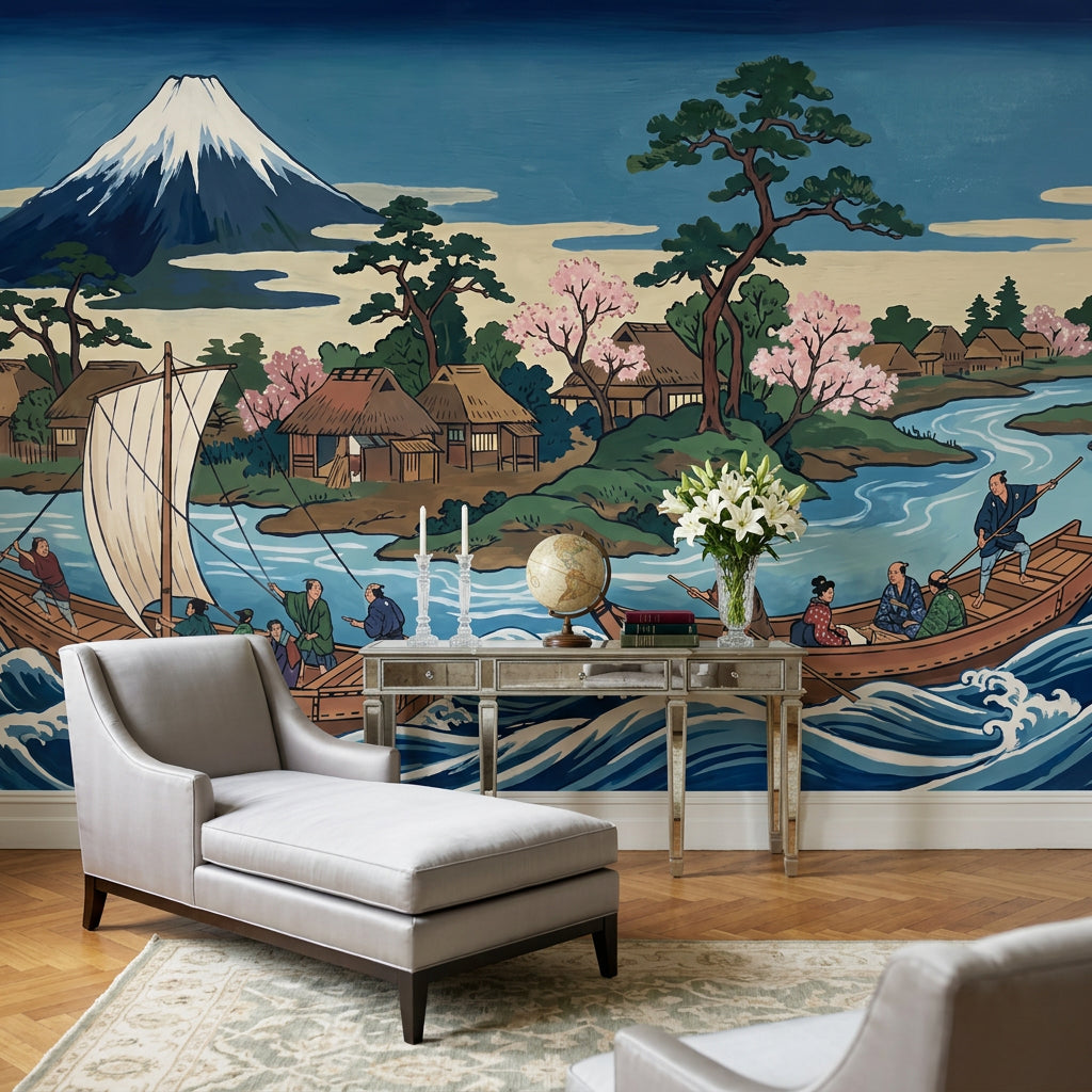 Japon Manzaralı Poster Duvar Kağıdı Mavi Dağ ve Nehir