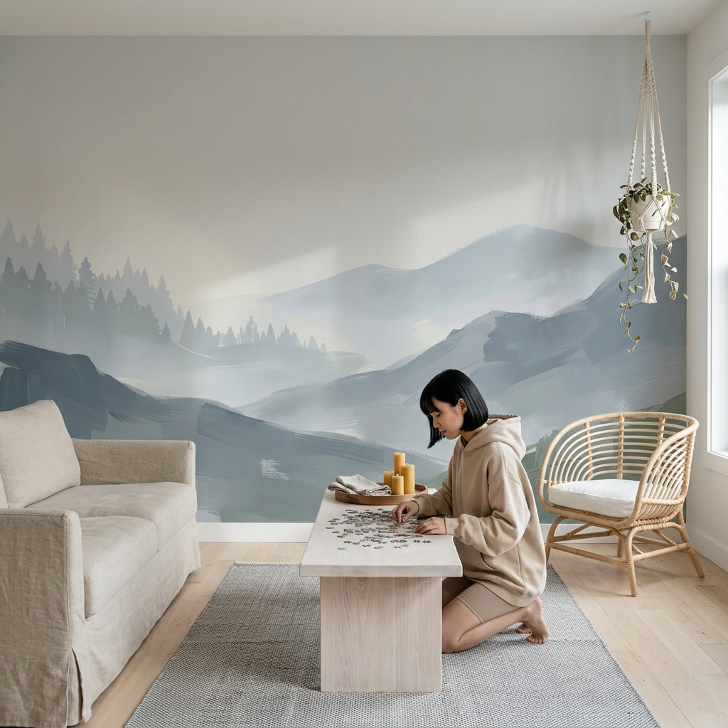 Sisli Dağ Manzaralı Poster Duvar Kağıdı Pastel Mavi Yeşil Salon