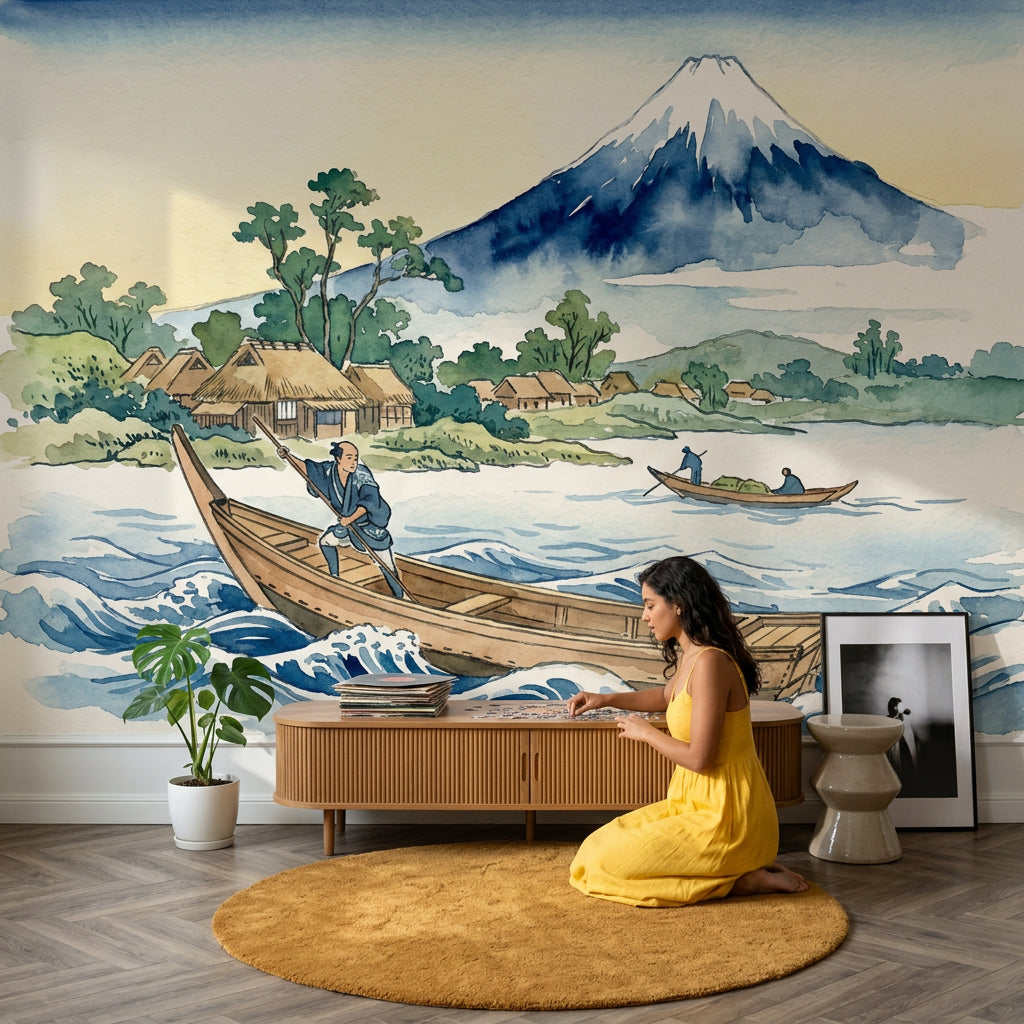 Japon Manzaralı Poster Duvar Kağıdı Mavi Dağ ve Göl