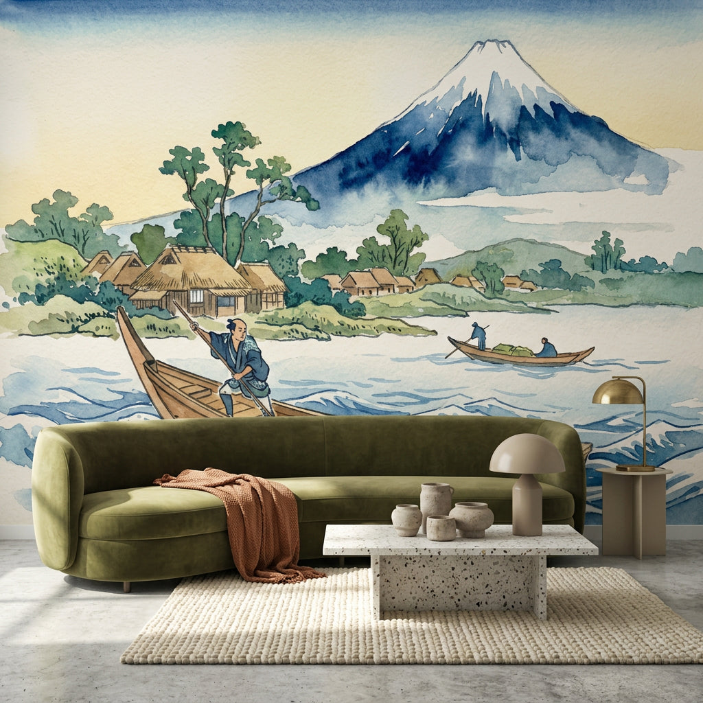 Japon Manzaralı Poster Duvar Kağıdı Mavi Dağ ve Göl