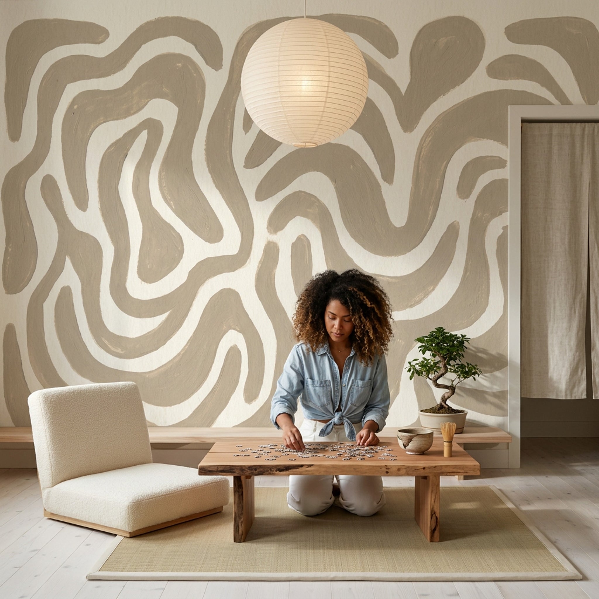 Bej Soyut Dalgalı Poster Duvar Kağıdı Modern Salon Duvarı