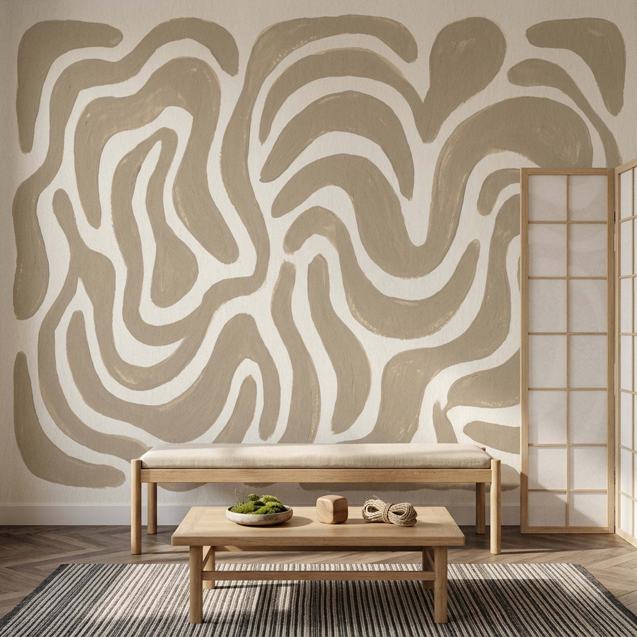 Bej Soyut Dalgalı Poster Duvar Kağıdı Modern Salon Duvarı