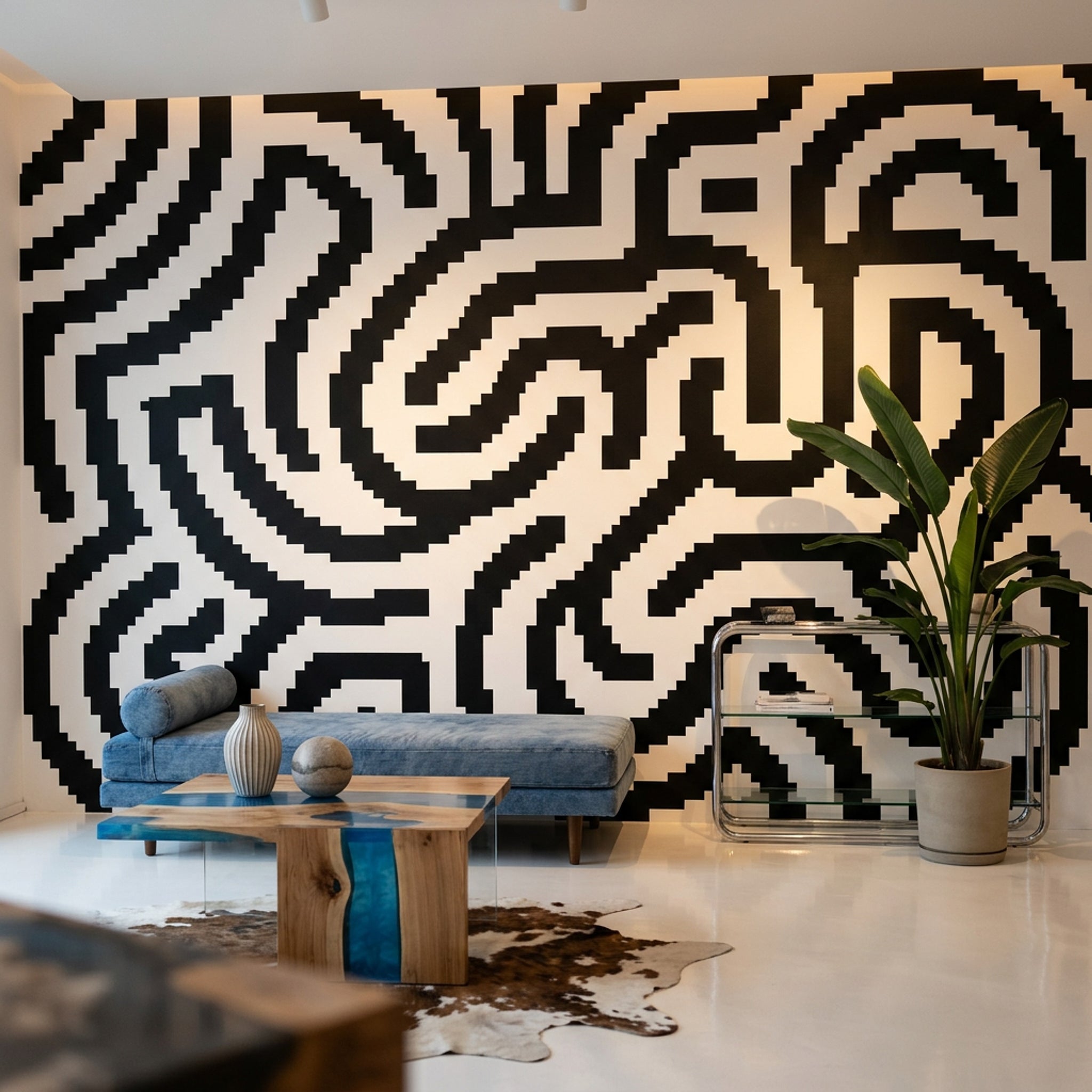 Siyah Beyaz Labirent Desenli Poster Duvar Kağıdı Modern Salon