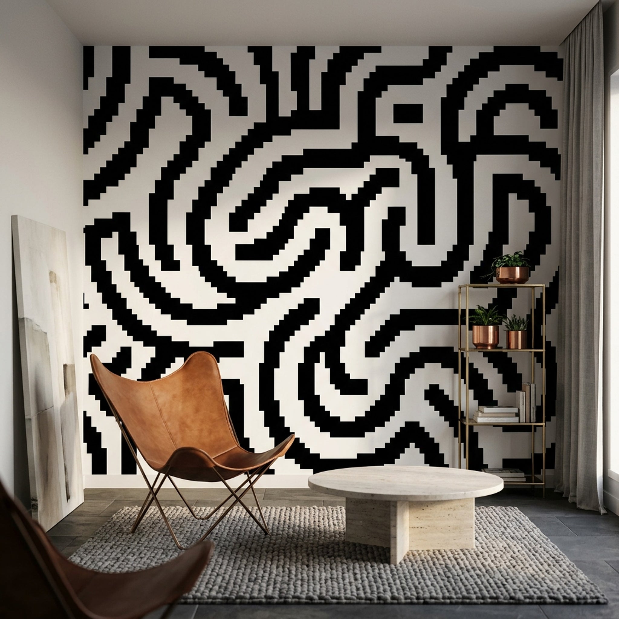 Siyah Beyaz Labirent Desenli Poster Duvar Kağıdı Modern Salon