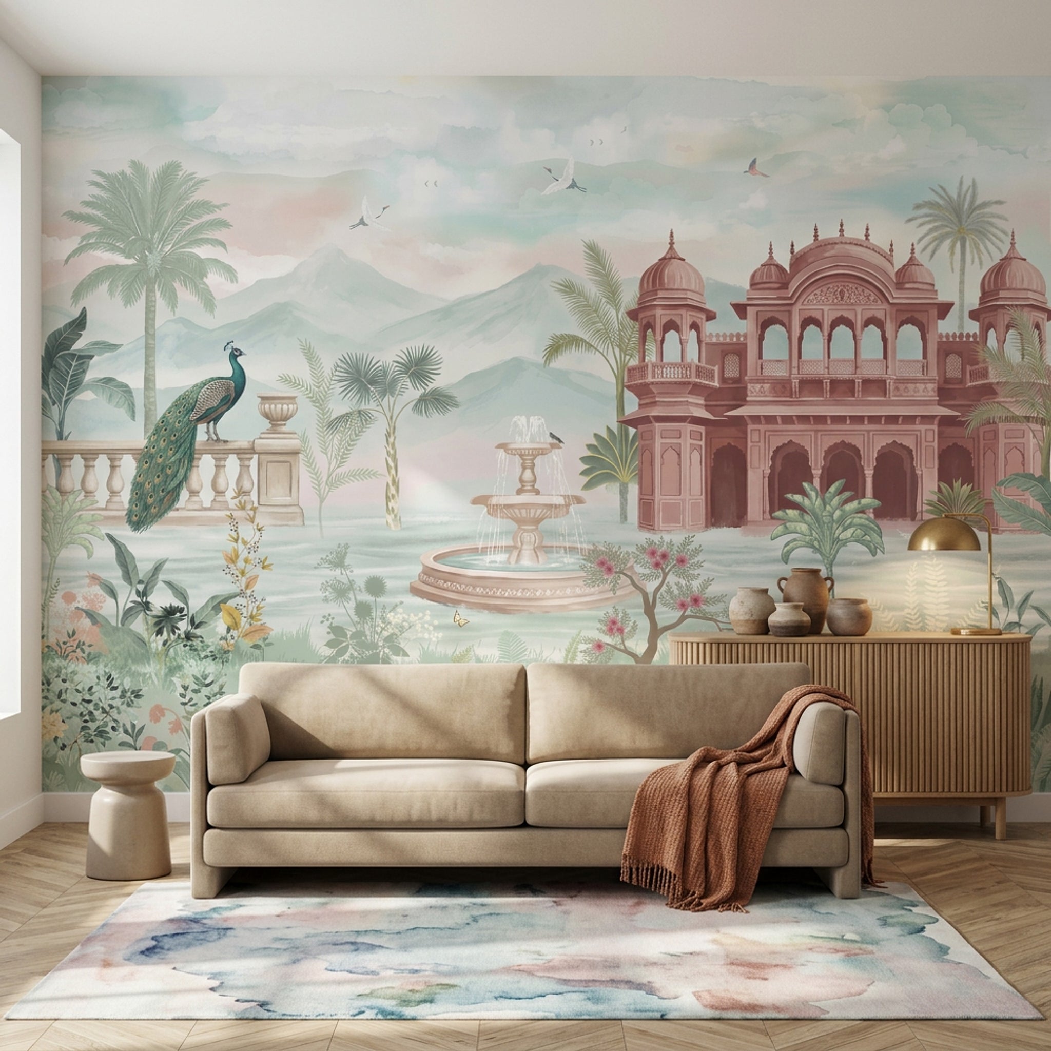 Tavus Kuşu Saray Manzaralı Poster Duvar Kağıdı Pastel Yeşil Salon