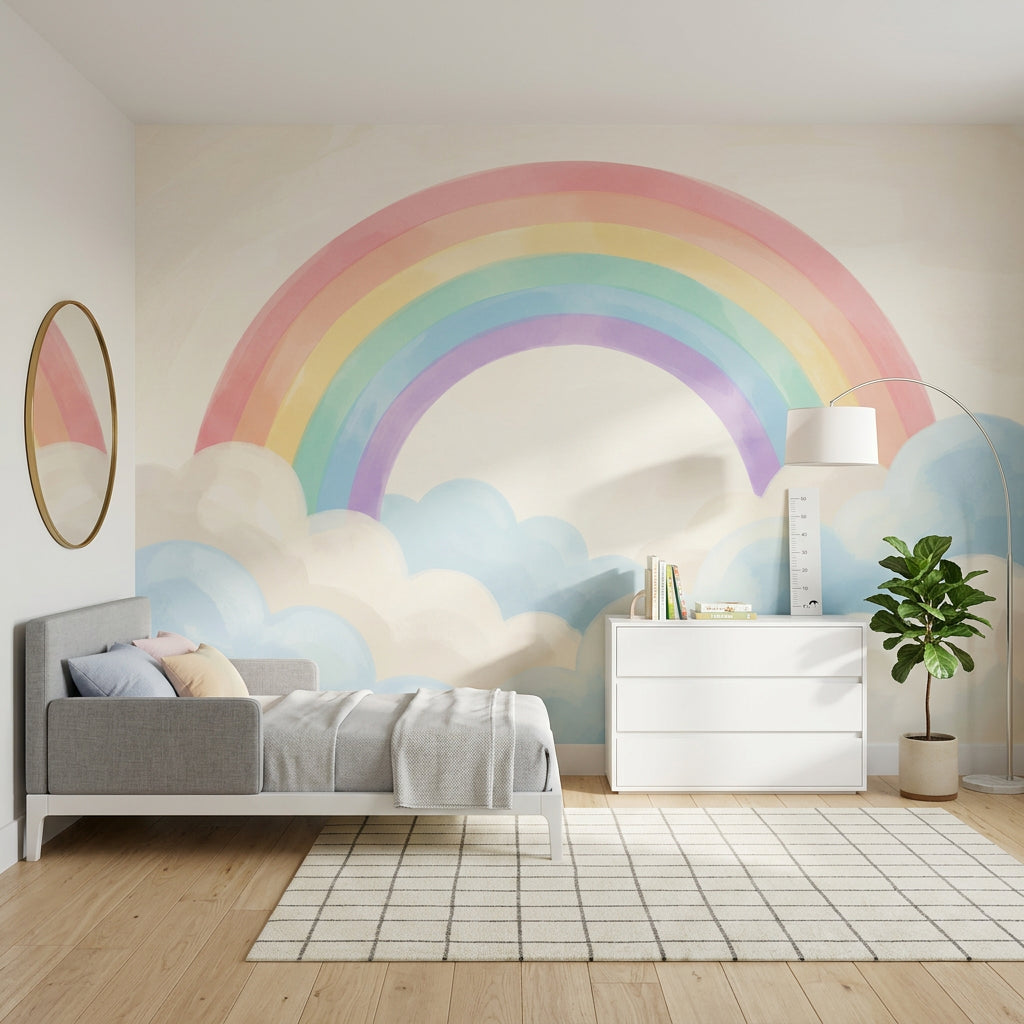Pastel Gökkuşağı Poster Duvar Kağıdı Bulutlu Bebek Odası