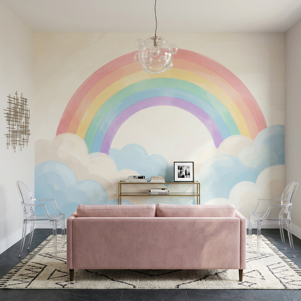 Pastel Gökkuşağı Poster Duvar Kağıdı Bulutlu Bebek Odası