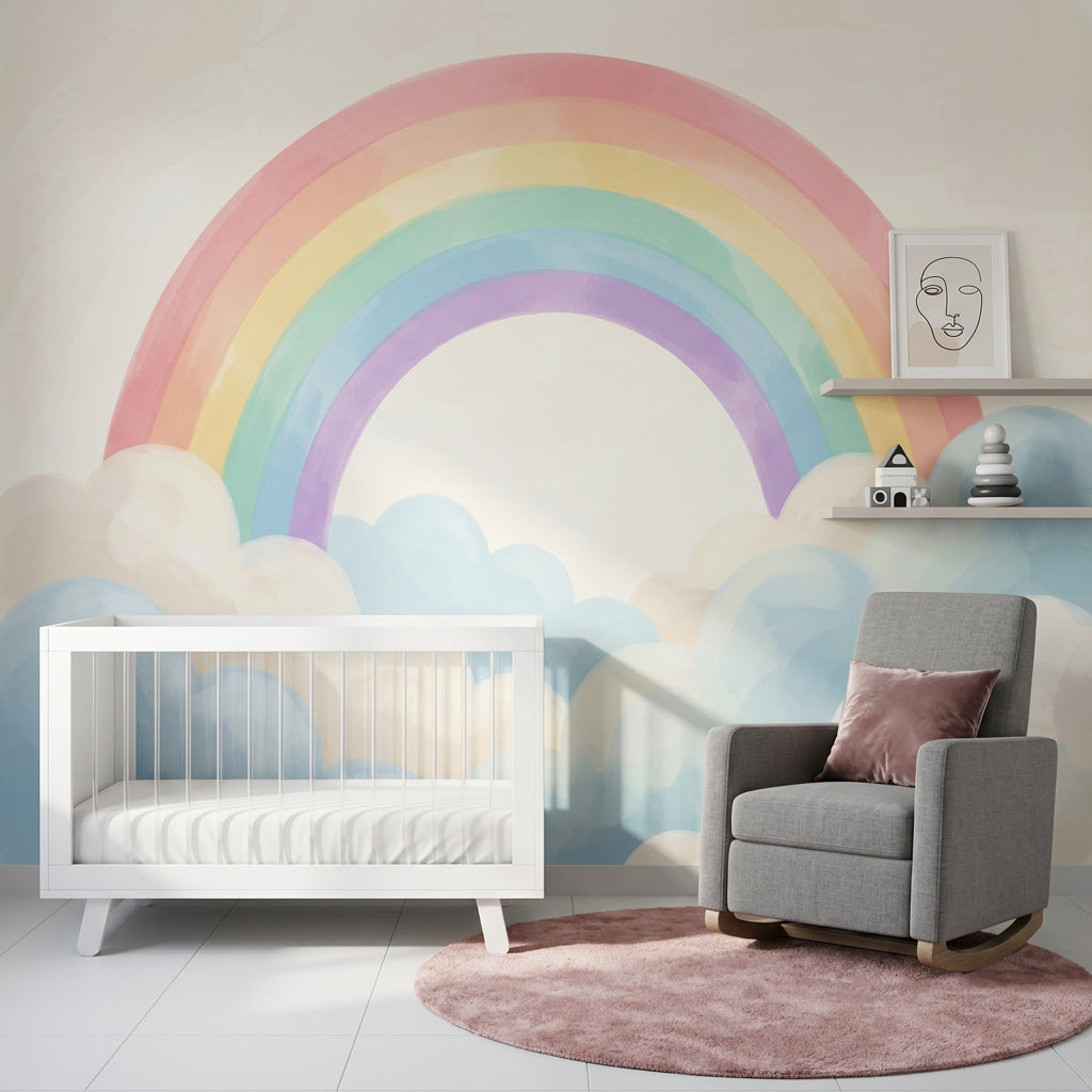 Pastel Gökkuşağı Poster Duvar Kağıdı Bulutlu Bebek Odası
