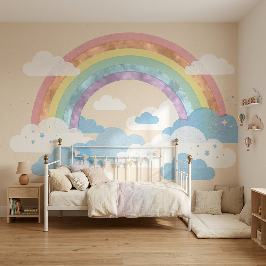 Gökkuşağı ve Bulutlu Poster Duvar Kağıdı Bebek Odası Pastel
