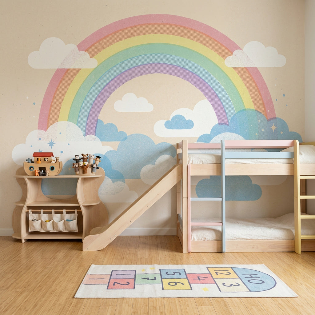 Gökkuşağı ve Bulutlu Poster Duvar Kağıdı Bebek Odası Pastel